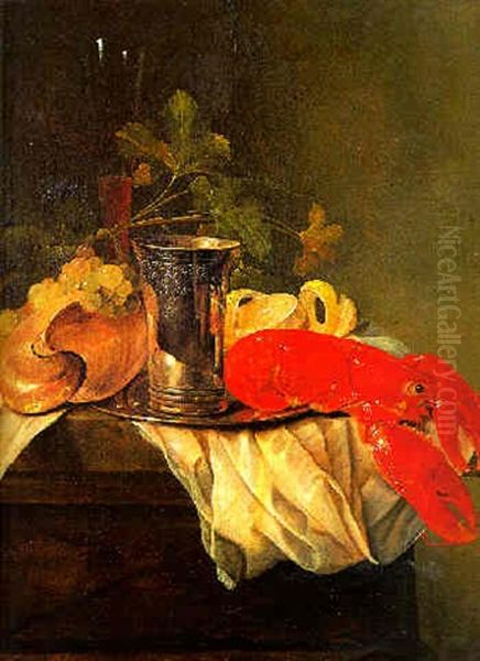 Grapes, A Nautillus Shell, A Flute, A Silver Beaker On A Plate, A Peeled Lemo And A Lobster On A Draped Table - view 1