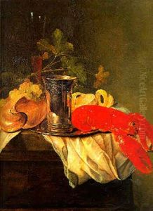 Grapes, A Nautillus Shell, A Flute, A Silver Beaker On A Plate, A Peeled Lemo And A Lobster On A Draped Table by Jasper Geerards
