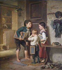Heimkehrende Schulkinder Lauschen An Der Stubentur by Julius Geertz