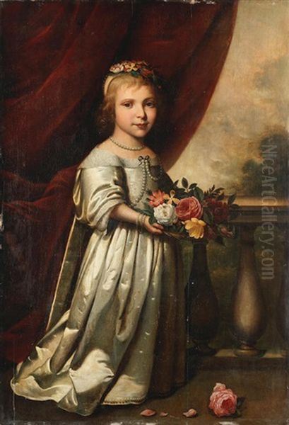 Portrait Of A Girl, Full-length, In A White Dress, Holding A Basket Of Flowers - view 1