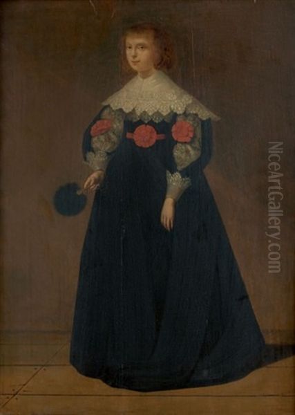 Portrait De Jeune Fille En Robe Noire A Creuvees Tenant Un Eventail - view 1