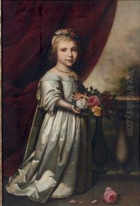 Portrait De Jeune Fille Tenant Une Corbeille De Fleurs by Wybrand Simonsz De Geest