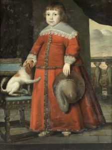 Portrait Of A Boy, Full-length, In Red Costume, Standing Beside A Spaniel On A Terrace Portrait Of A Boy, Full-length, In Red Costume, Standing Beside A Spaniel On A Terrace