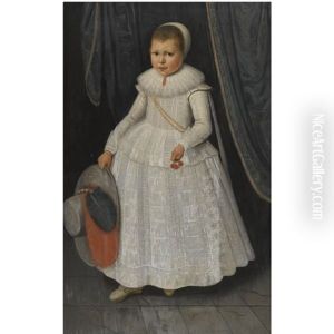 Portrait Of A Young Girl, Full Length, Wearing A White Lace Dress And Holding A Hat And Cherries