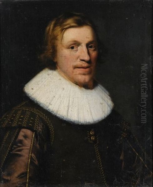 A Portrait Of A Young Gentleman, Bust Length, Wearing A Brown Gold-embroidered Suit With A White Collar - view 1