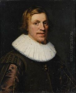 A Portrait Of A Young Gentleman, Bust Length, Wearing A Brown Gold-embroidered Suit With A White Collar by Wybrand Simonsz De Geest