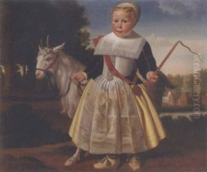 Portrait Of A Young Girl Standing In A Landscape, Holding A Tethered Goat With Her Right Hand And A Whip In Her Left Hand by Wybrand Simonsz De Geest