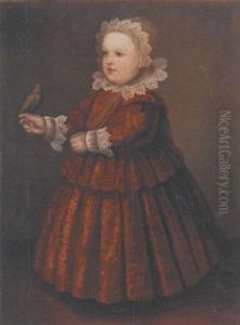 Portrait Of A Young Girl, In An Amber Embroidered Dress And Holding A Parrot On Her Outstretched Hand by Wybrand Simonsz De Geest