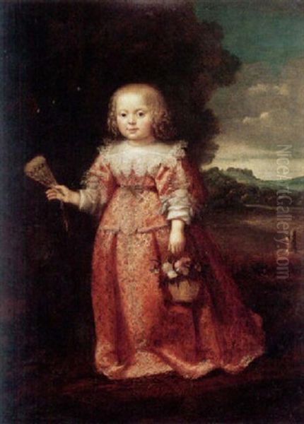 Portrait Of A Young Girl Wearing A Red Dress, Holding A Fan And A Basket Of Flowers - view 1