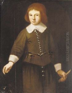 Portrait Of A Boy Wearing A Green Suit And Holding A Flute by Wybrand Simonsz De Geest