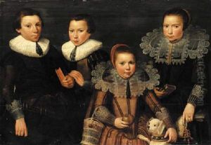 A Family Portrait Of Two Brothers And Two Sisters, The Boys In Brown Doublets And White Ruffs, The Girls In Embroidered Dresses And Lace Collars