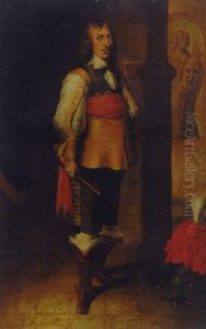 Portrait Of An Officer In A Buff Jerkin, Breast Plate And A Red Embroidered Sash, Holding A Baton by Wybrand Simonsz De Geest