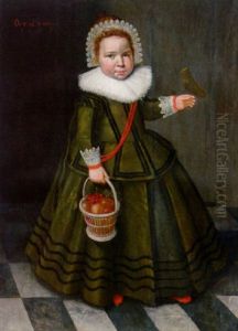 Portrait Of A Young Girl In A Grey Dress With A Ruff And A Lace Headdress, Holding A Basket Of Fruit And A Bird