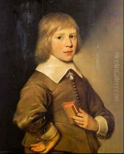 Portrait Of A Boy, Wearing Light Brown Costume, Holding A Book by Wybrand Simonsz De Geest