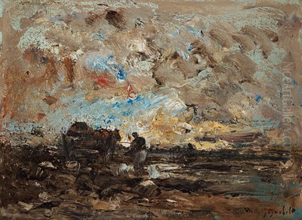 Landscape At Dawn With Farmer And Cart - view 1