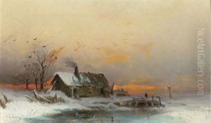Vinterbild Med Stuga Vid Vattendrag by Wilhelm von Gegerfelt