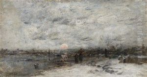 Solnedgang Med Figurer Vid Strand. Sannolikt Normandie Eller Bretagne by Wilhelm von Gegerfelt