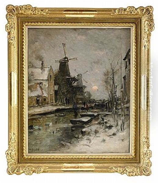 Hollandskt Vinterlandskap I Aftonrodnad - view 1