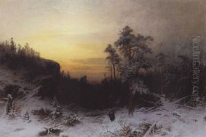 Sen Eftermiddag I Skoven, Vinter. En Gammel Kone Har Sanket Braende