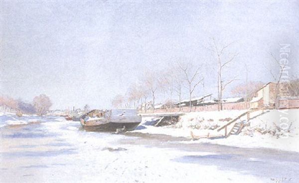 Soligt Vinterlandskap Med Pramar Pa Kanal - view 1