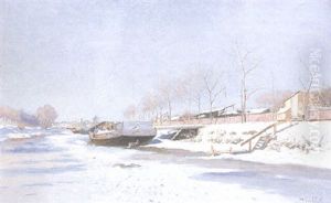 Soligt Vinterlandskap Med Pramar Pa Kanal by Wilhelm von Gegerfelt