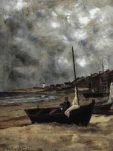 Strandlandskap Med Batar, Normandi Strandlandskap Med Batar, Normandi