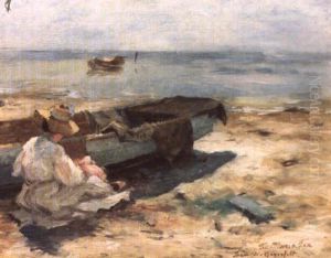 Strandmotiv Med Konstnarens Blivande Hustru, Maria Fex, Sittande Vid Bat by Wilhelm von Gegerfelt