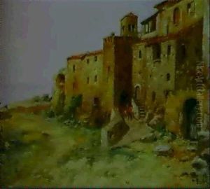 Italienskt Kustmotiv Med Figurer Vid Hus by Wilhelm von Gegerfelt