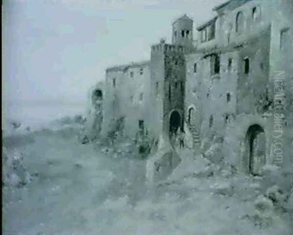 Italienskt Landskap Med Byggnad Och Figurer-i Fonden Vatten - view 1