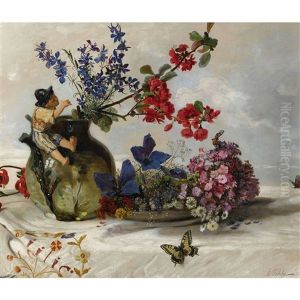 Stillleben Mit Blumen, Schmetterlingen Und Jugendstilvase