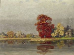 Herbstlandschaft Mit Weiher Und Auffliegender Ente by Eduard Gehbe