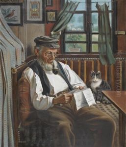 Alter Mann Mit Pfeife Und Zeitungslekture by Karl Gehri