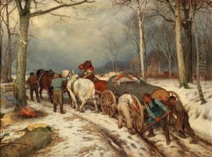 Woodworkers In A Winter Woodland by Casimir Geibel