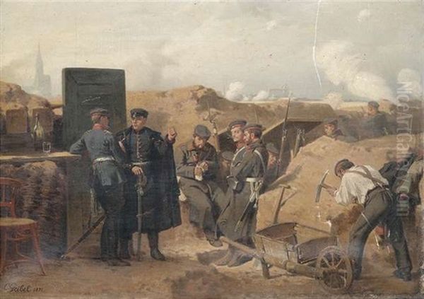 Szene Aus Dem Deutsch-franzosischen Krieg. Offiziere In Einem Schutzengraben Vor Strasburg, Im Hintergrund Die Silhouette Der Kathedrale - view 1