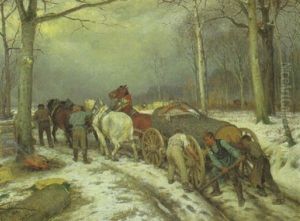 Waldarbeiter Mit Einem Holzfuhrwerk Im Winterwald