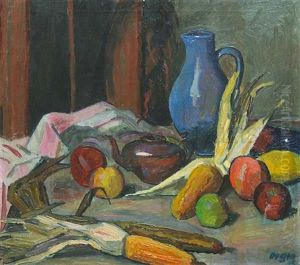 Stilleben Mit Obst, Maiskolben, Teekanne Und Blauem Krug