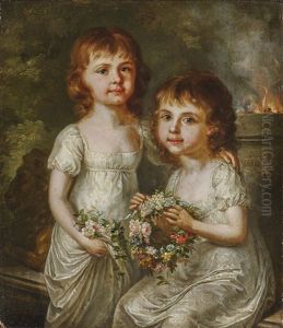 Portrait Of Two Sisters With Flower Wreaths by Margarethe Geiger
