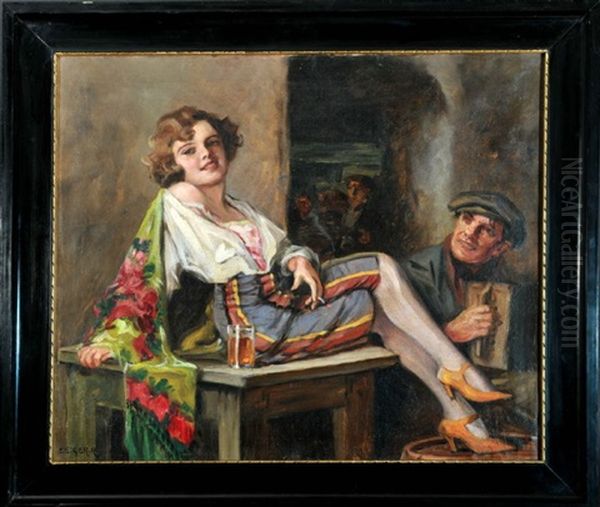 Kneipenszene Mit Sangerin Und Akkordeonspieler - view 1