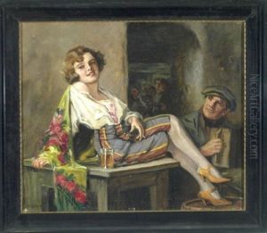 Sich Rakelnde, Rauchende Dame Mit Akkordeonspieler Im Wirtshaus