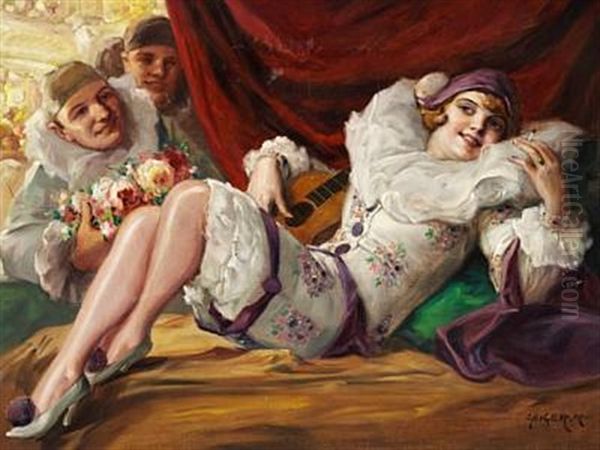 Fancy-dress Ball With Two Men Flirting With A Young Girl - view 1