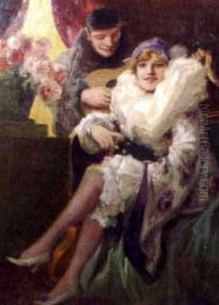 A Seated Lady Being Serenaded By A Harlequin - view 1
