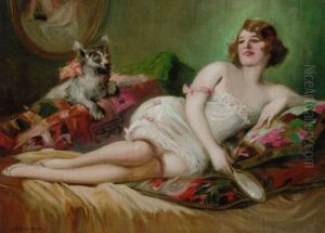 A Girl Reclining On A Bed With A Dog by Richard Geiger