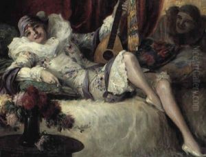 Ung Pige I Harlekinskostume Pa En Sofa Ung Pige I Harlekinskostume Pa En Sofa
