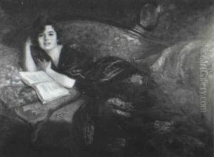 Portrait Of A Lady Reclining On Sofa Reading A Book by Richard Geiger