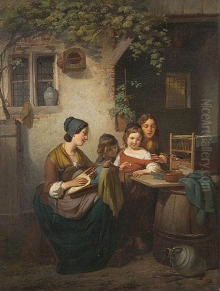 Open Air Scene With Young Lace Maker And Three Children, Feeding A Robin - view 1