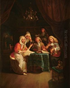 Interior Scene With Figures Gathered Around A Table Making Music by Jozef Geirnaert