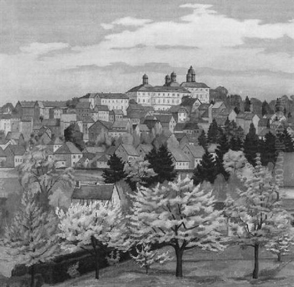 Bensberg, Blick Uber Bluhende Apfelbaume Und Hauser Auf Das Schloss - view 1