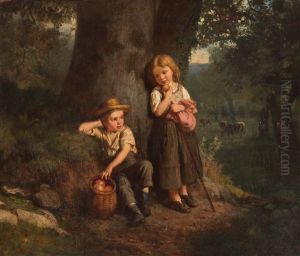 Zwei Kinder Unter Einem Baum Am Waldrand by Johann-Joseph Geisser