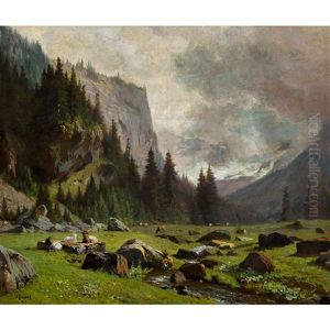 Ziegenherde In Einem Alpental by Johann-Joseph Geisser