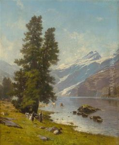 Hirtin Mit Tieren Am Bergsee by Johann-Joseph Geisser